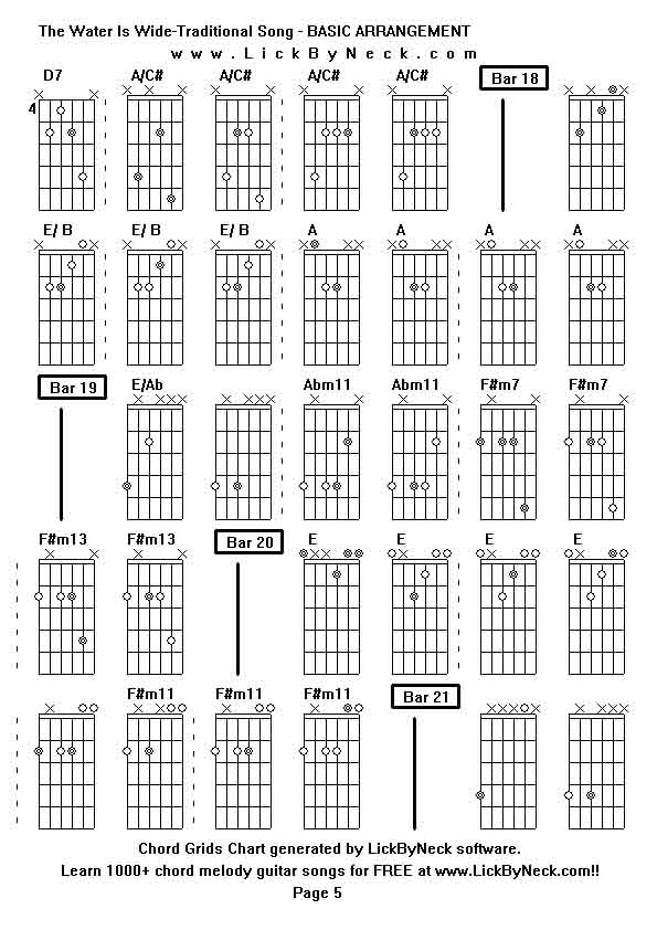 Chord Grids Chart of chord melody fingerstyle guitar song-The Water Is Wide-Traditional Song - BASIC ARRANGEMENT,generated by LickByNeck software.